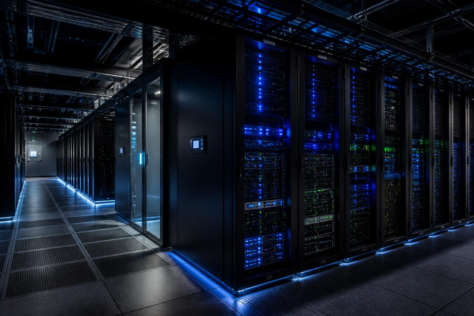 Enterprise data center server room with rows of racks and network infrastructure